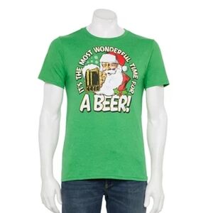 Kohl’s MAD Engine ✦ Holiday Tee ✦ Green Santa Likes Beer Too Christmas Shirt L